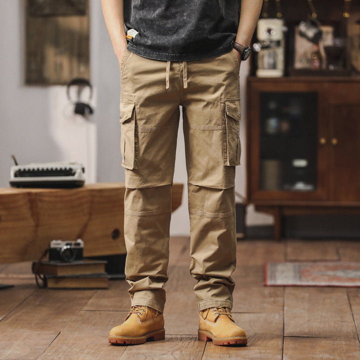 Herren Gerade geschnittene Canvas-Cargohose mit Klapp-Utility-Taschen und Kordelbund Drune