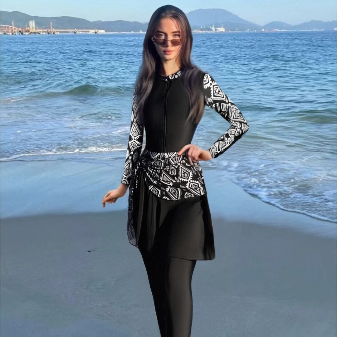 Damen Modischer Schwimmanzug mit Zip und asymmetrischem Rock Drune