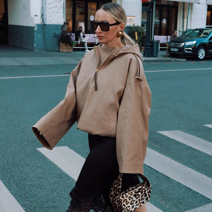 Damen Oversize Kapuzen-Pulloverjacke mit halbem Reißverschluss und Schulterpasse Drune