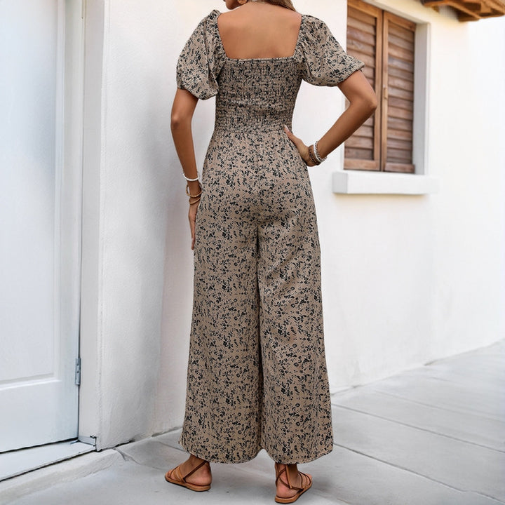 Damen Floraler Smocked-Jumpsuit mit Karree-Ausschnitt, Puffärmeln und weitem Beinschnitt Drune