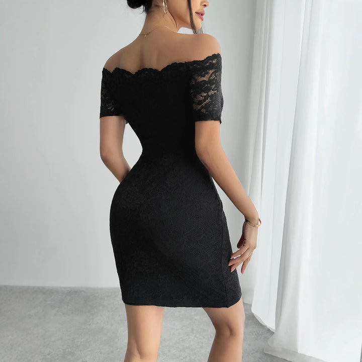 Damen nan figurbetontes schulterfreies Spitzenkleid mit Carmen-Ausschnitt und Stretch Drune