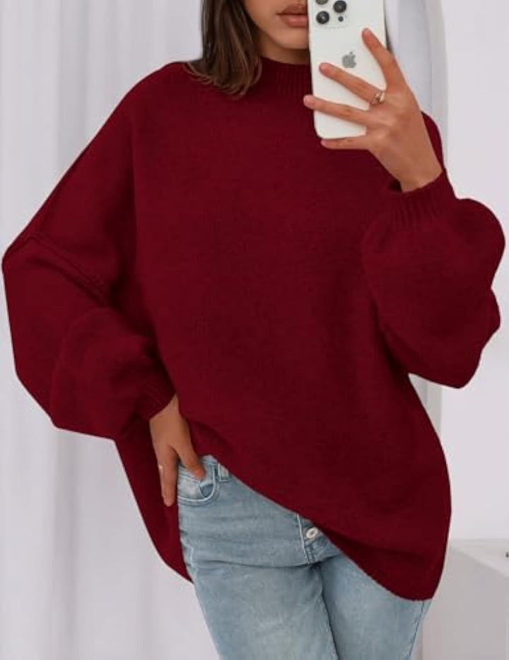 Damen Oversize-Strickpullover mit Stehkragen und Ballonärmeln Drune