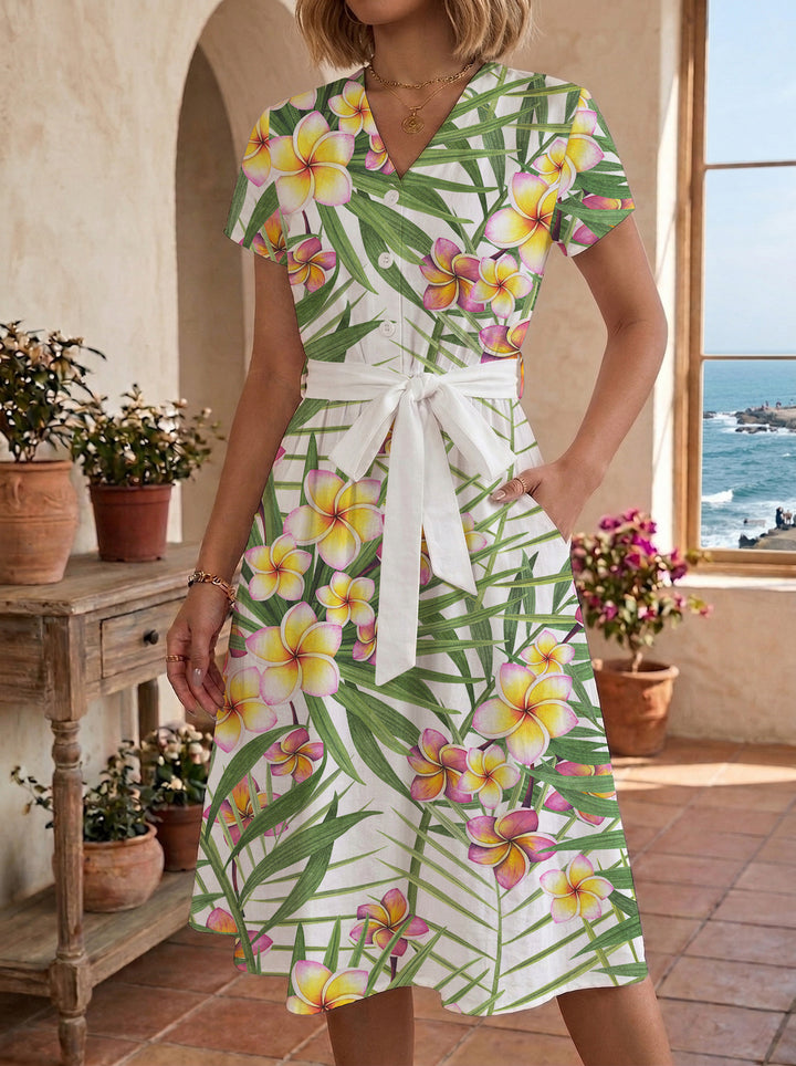 Damen Midikleid mit farbenfrohem Blumendesign und taillierbarem Bindegürtel Drune