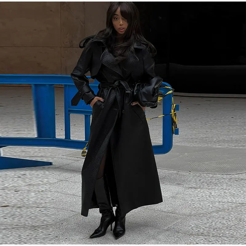 Damen Oversized Kunstleder-Trenchcoat mit hohem Kragen und abnehmbaren Gürtel Drune