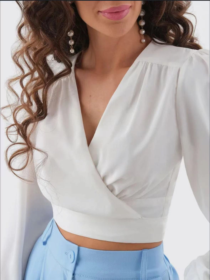 Damen Viskose Wrap-Bluse mit Puffärmel und tiefem V-Ausschnitt Drune