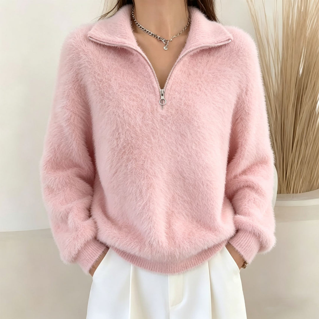 Damen Flauschiger Halbzipp-Pullover mit Stehkragen Drune
