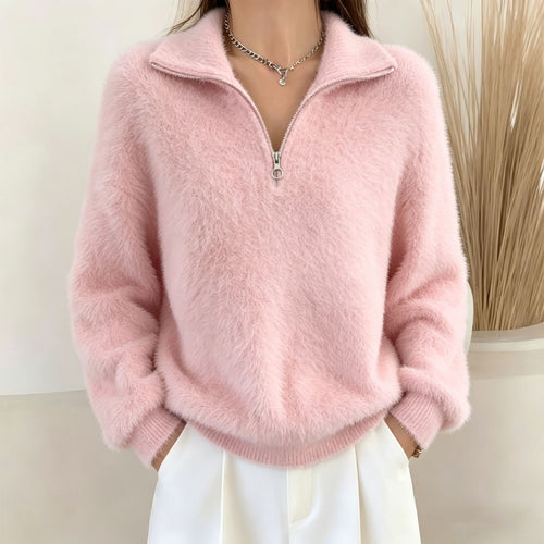 Damen Flauschiger Halbzipp-Pullover mit Stehkragen Drune