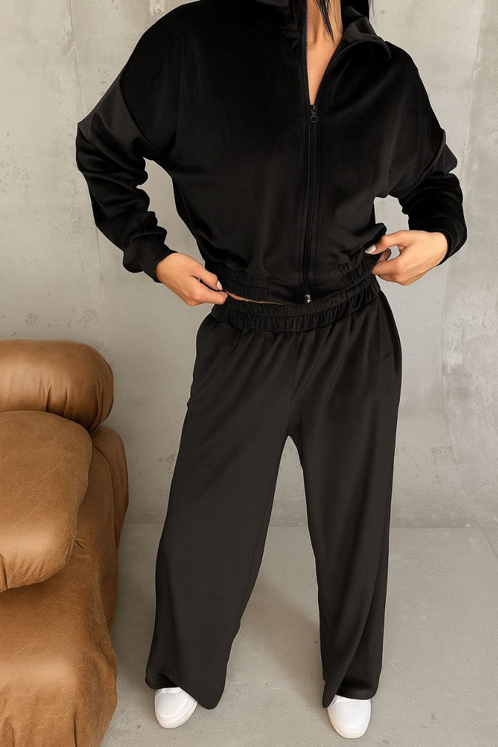 Damen Samt-Loungewear-Set mit kurzem Reißverschluss und geraffter Taillenpartie Drune