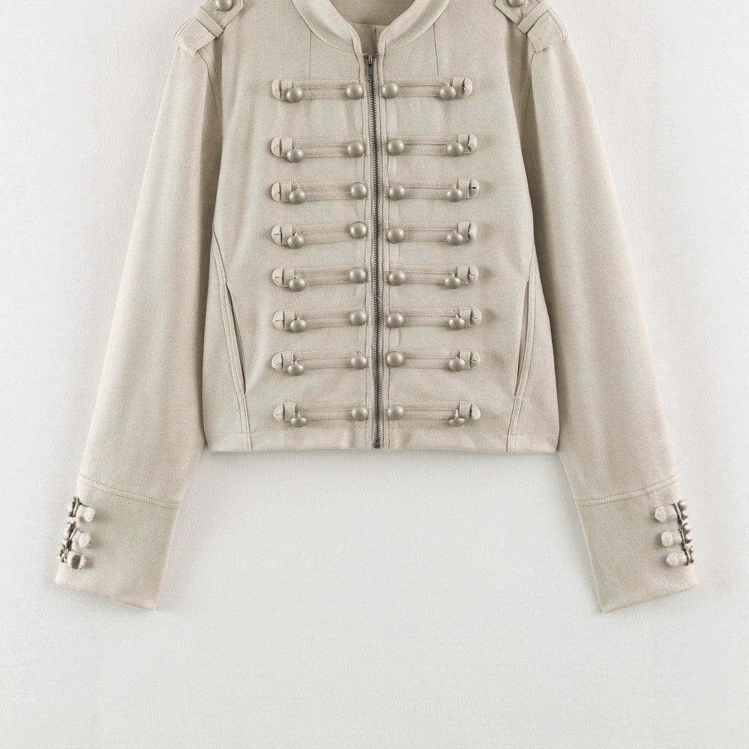 Damen Kurzblouson im Militärlook mit Zierknotenleisten und Stehkragen Drune