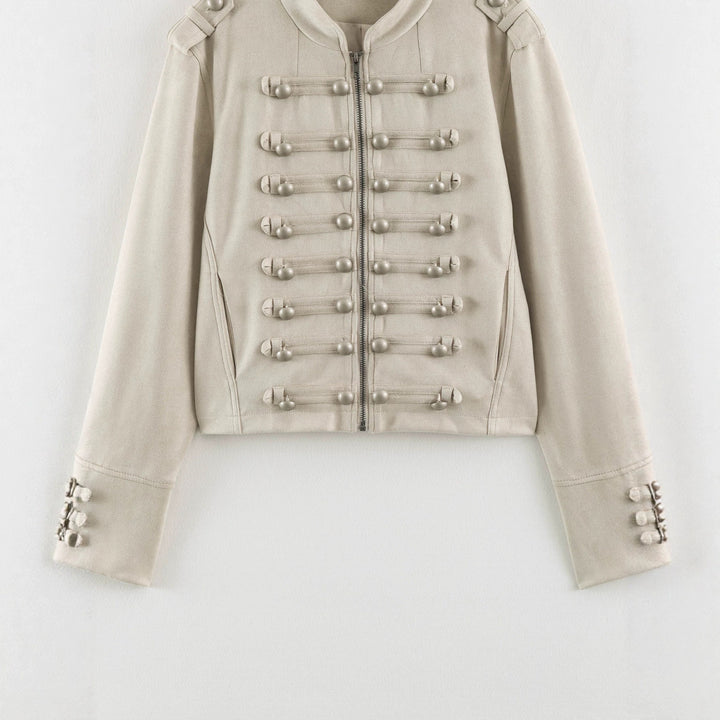 Damen Kurzblouson im Militärlook mit Zierknotenleisten und Stehkragen Drune