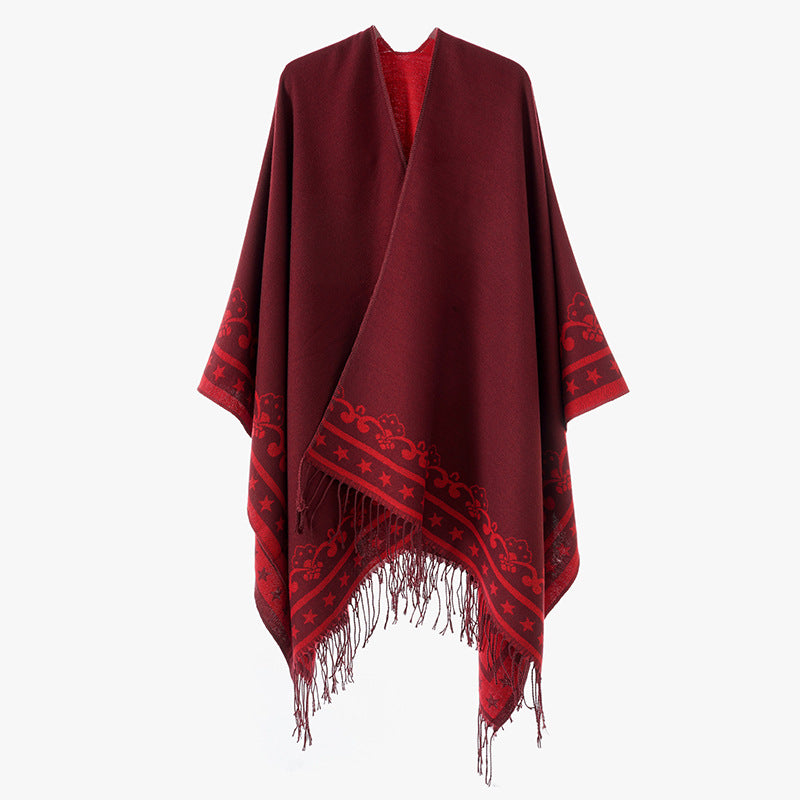 Damen Überwurfponcho aus Wollmix mit dezentem Jacquardbordüren‑Muster und Fransensaum Drune