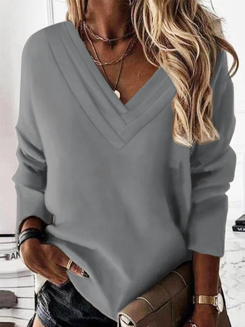 Damen V-Ausschnitt Sweatshirt mit eleganten Faltendetails Drune