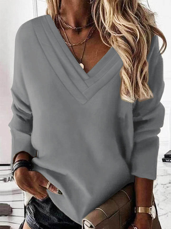 Damen V-Ausschnitt Sweatshirt mit eleganten Faltendetails Drune