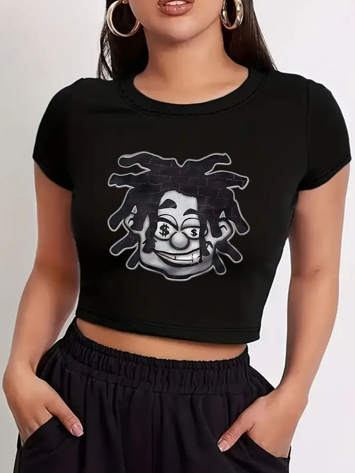 Damen Crop-T-Shirt mit kreativem Comic-Motiv Drune