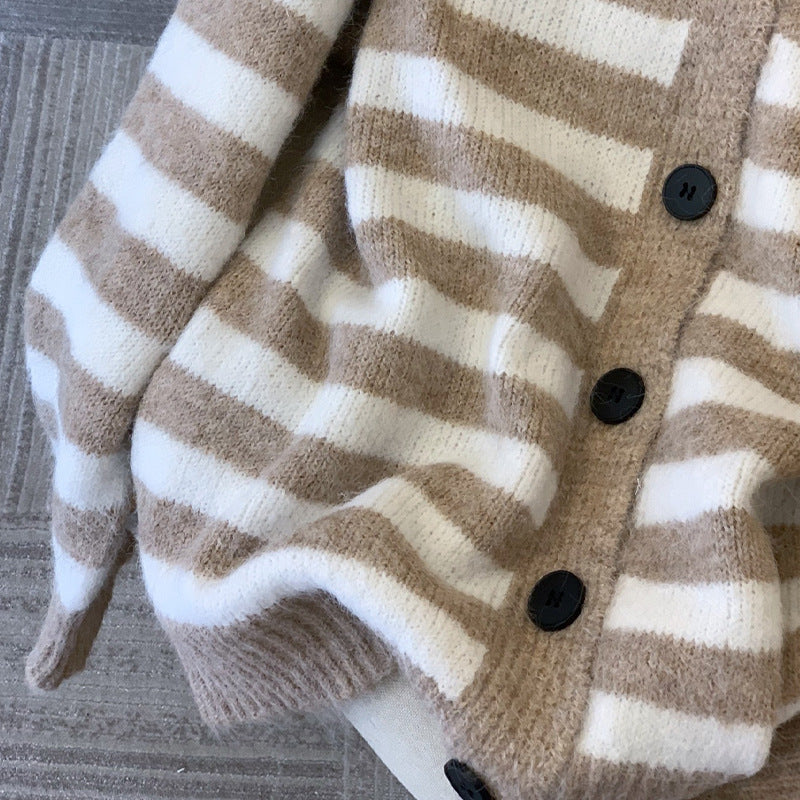 Damen Gemütlicher Strickcardigan mit V-Ausschnitt und Streifen Drune