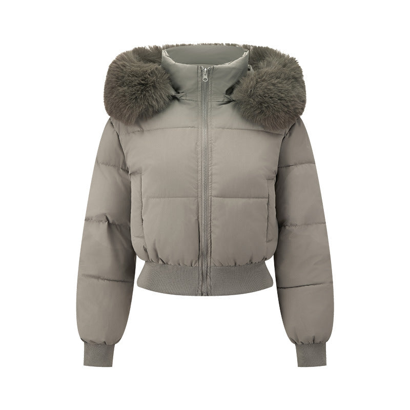 Damen nan kurzer gesteppter Kapuzenblouson mit Webpelzblende und geripptem Saum Drune