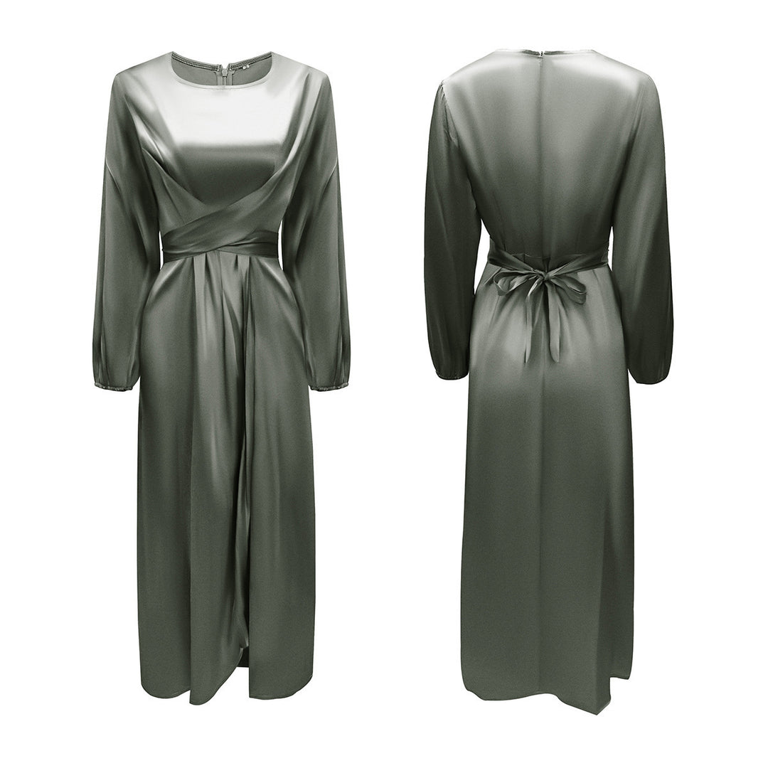 Damen Elegantes Maxikleid aus Satin mit Wickel-Detail, Langarm und Taillenband Drune