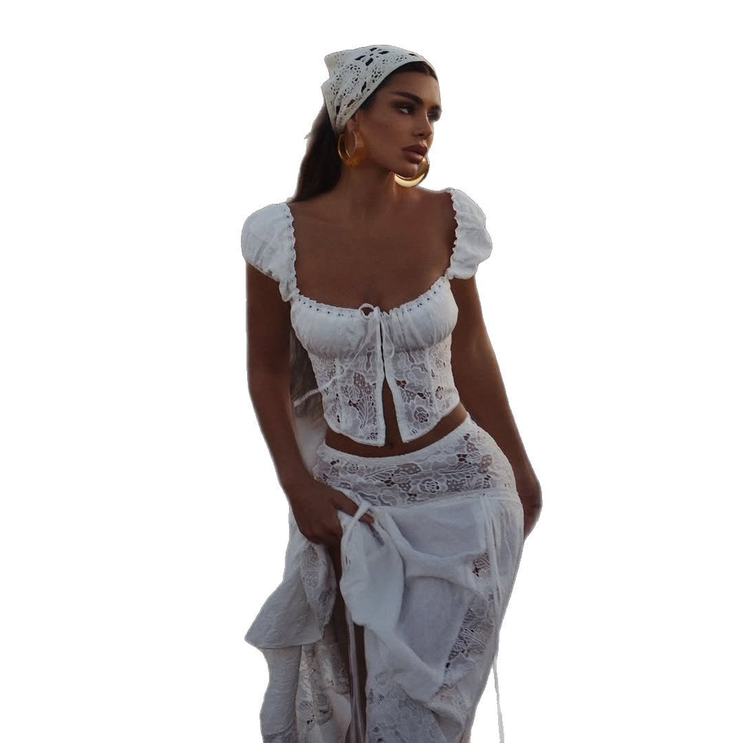 Damen Spitzen Crop-Top mit Puffärmeln Drune