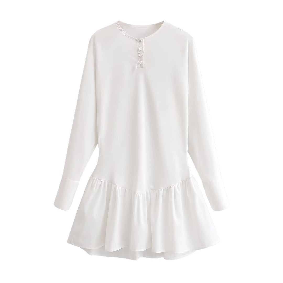 Damen Lockeres Longsleeve Tunika-Kleid mit Henley-Knopfleiste und Stufenrock Drune