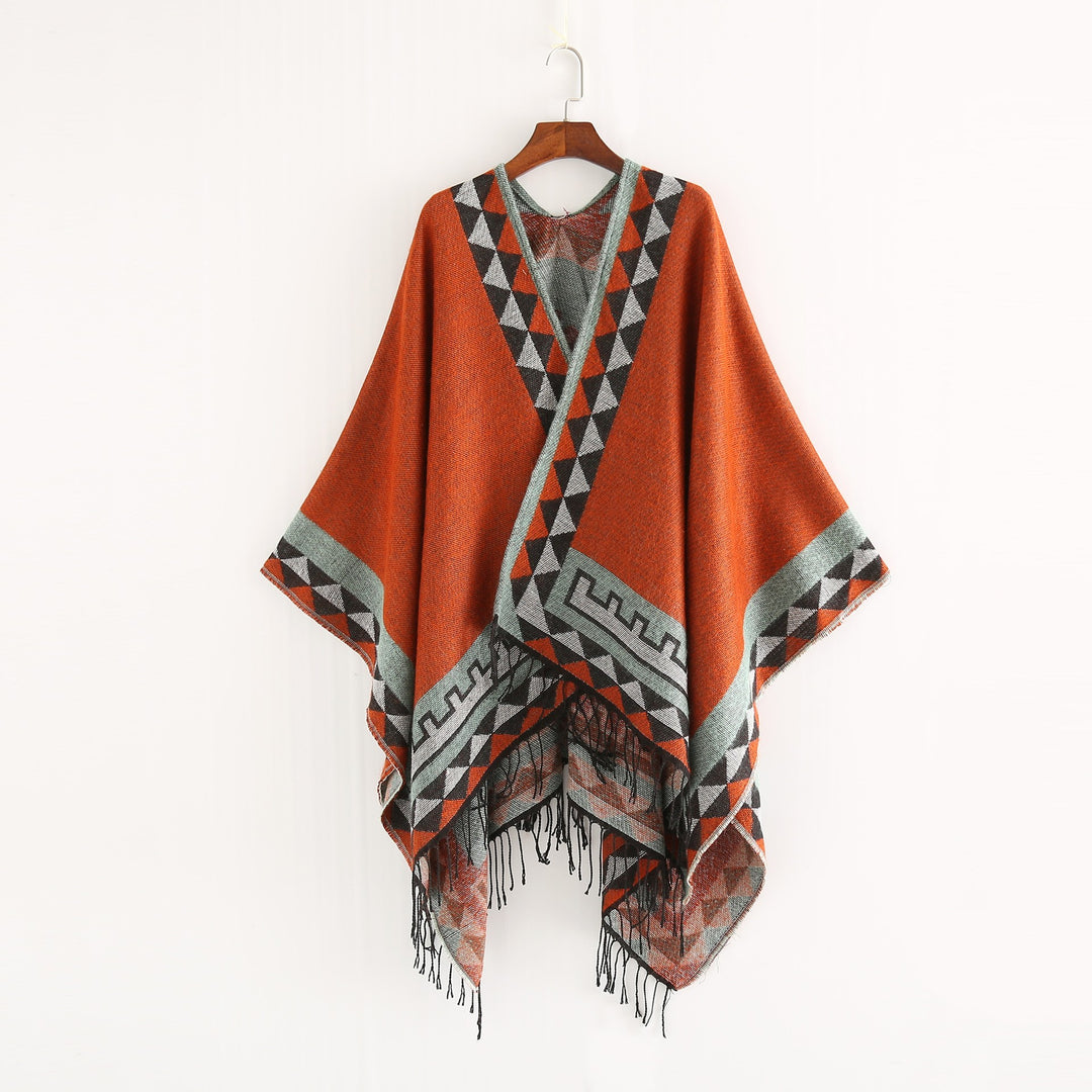 Damen Weichfallender Capeponcho mit Dreieck-Jacquard, Kontrastbordüre und Fransensaum Drune