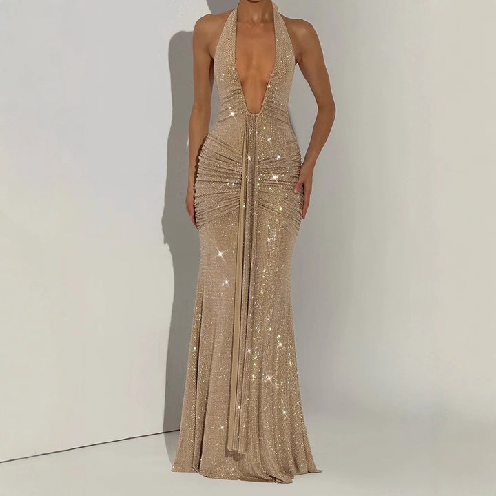 Damen Glamouröses Abendkleid mit tiefem V-Ausschnitt und funkelnden Details Drune