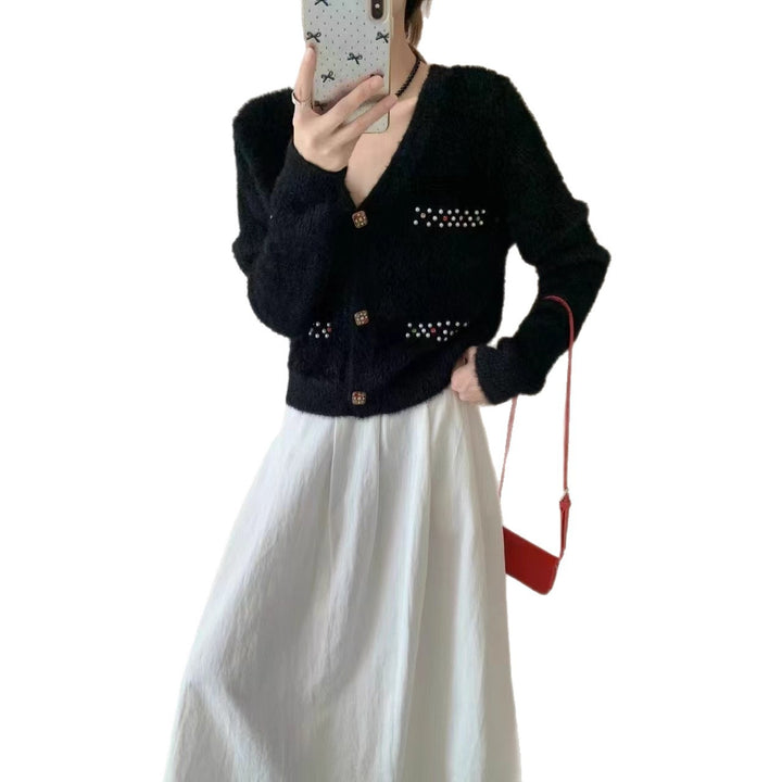 Damen Verspielter V-Ausschnitt Cardigan mit Perlen Drune