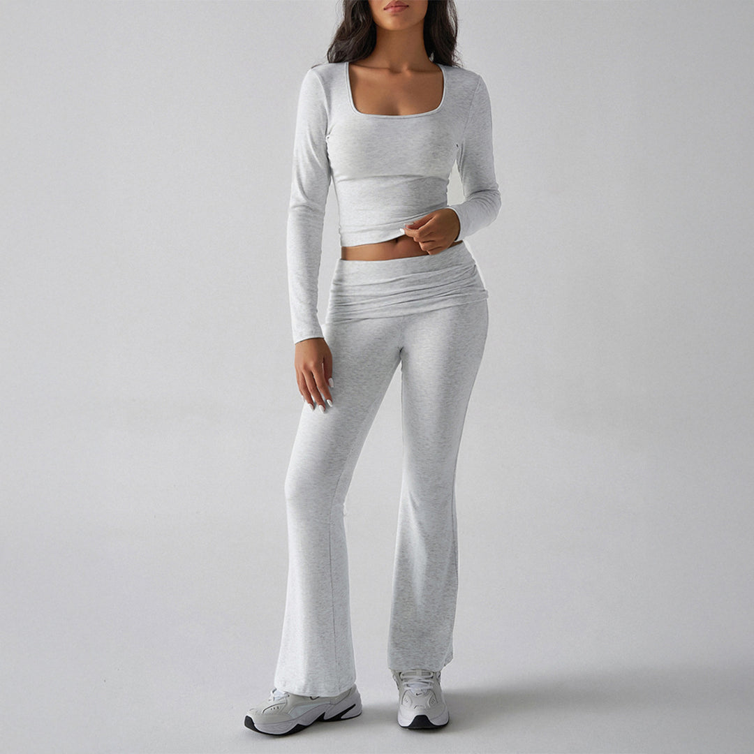Damen nan figurbetontes Cropped-Set mit langärmeligem Top mit quadratischem Ausschnitt und ausgestellter High‑Waist Yoga-Hose Drune