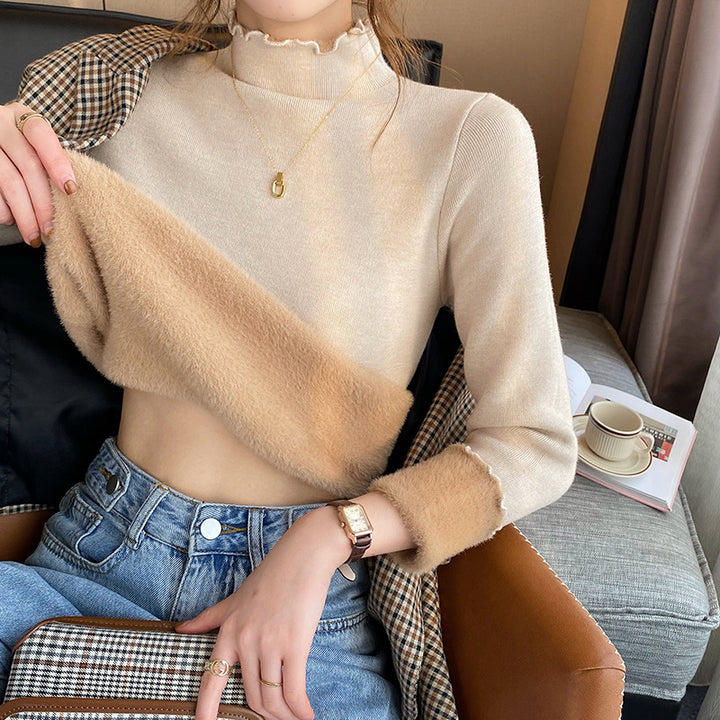 Damen Kurzer Rollkragenpullover mit unterschiedlichem Materialmix Drune