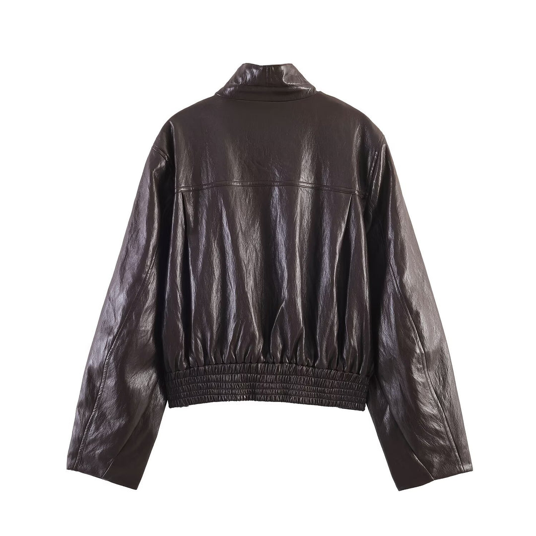 Damen Oversized Bomberjacke in Lederoptik mit hohem Stehkragen und gerafftem Taillenbund Drune