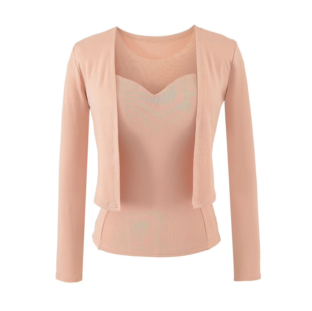 Damen Zweiteiliges Feinstrick-Top-Set mit Mesh-Einsatz und offenem Cardigan Drune