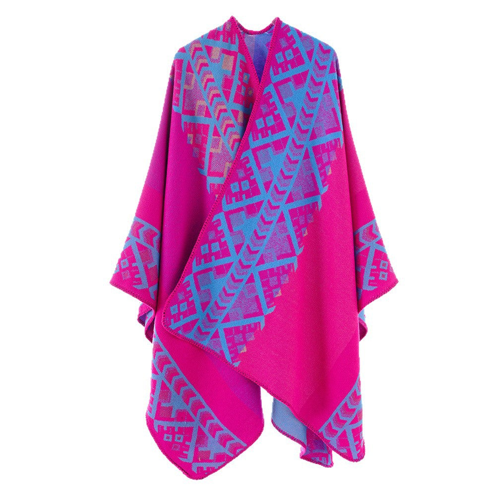 Damen Capeponcho im gewebten Ethno‑Jacquard aus Wollmix mit gezackter Saumkante Drune