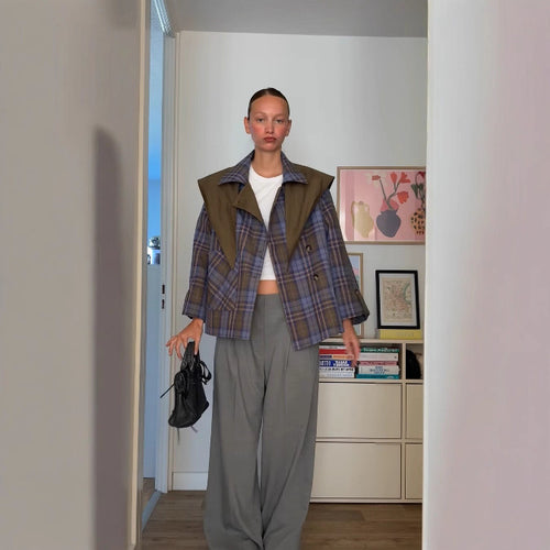 Damen Karierte Überjacke mit weitem Schnitt und klassischen Reverskragen Drune