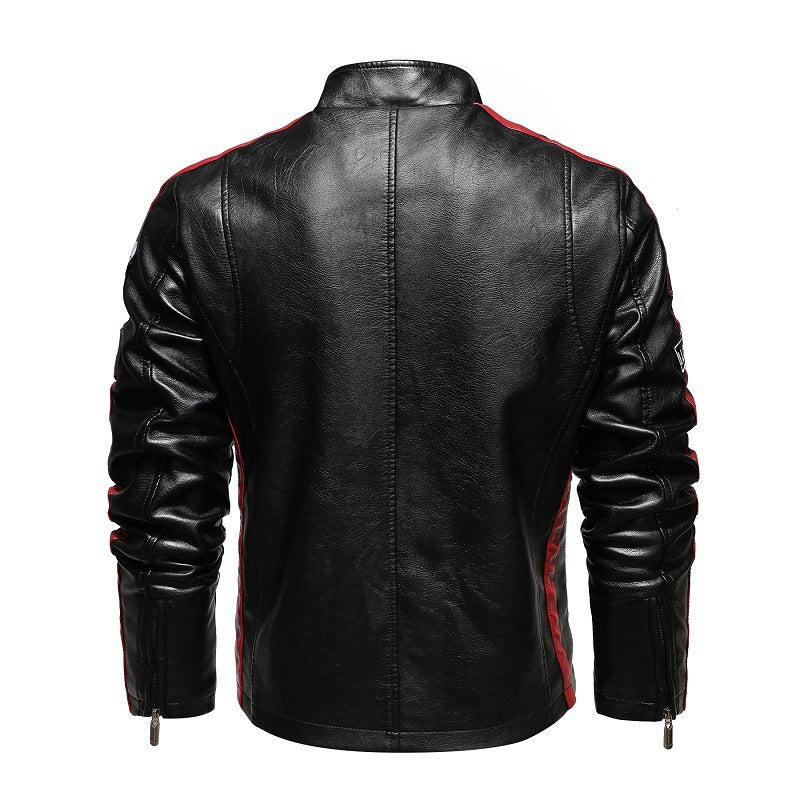 Herren Racing-Style Kunstlederjacke mit Aufnähern, Kontraststreifen und Stehkragen Drune