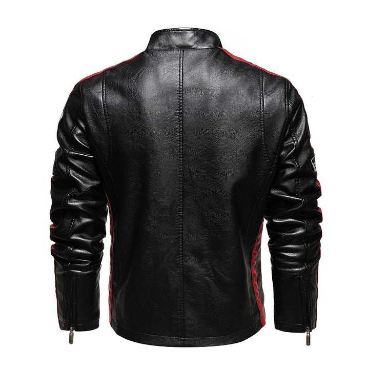 Herren Racing-Style Kunstlederjacke mit Aufnähern, Kontraststreifen und Stehkragen Drune