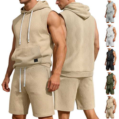Herren nan ärmelloses Kapuzen-Lounge-Set aus strukturierter Baumwollmischung mit Kängurutasche und elastischer Freizeithose Drune