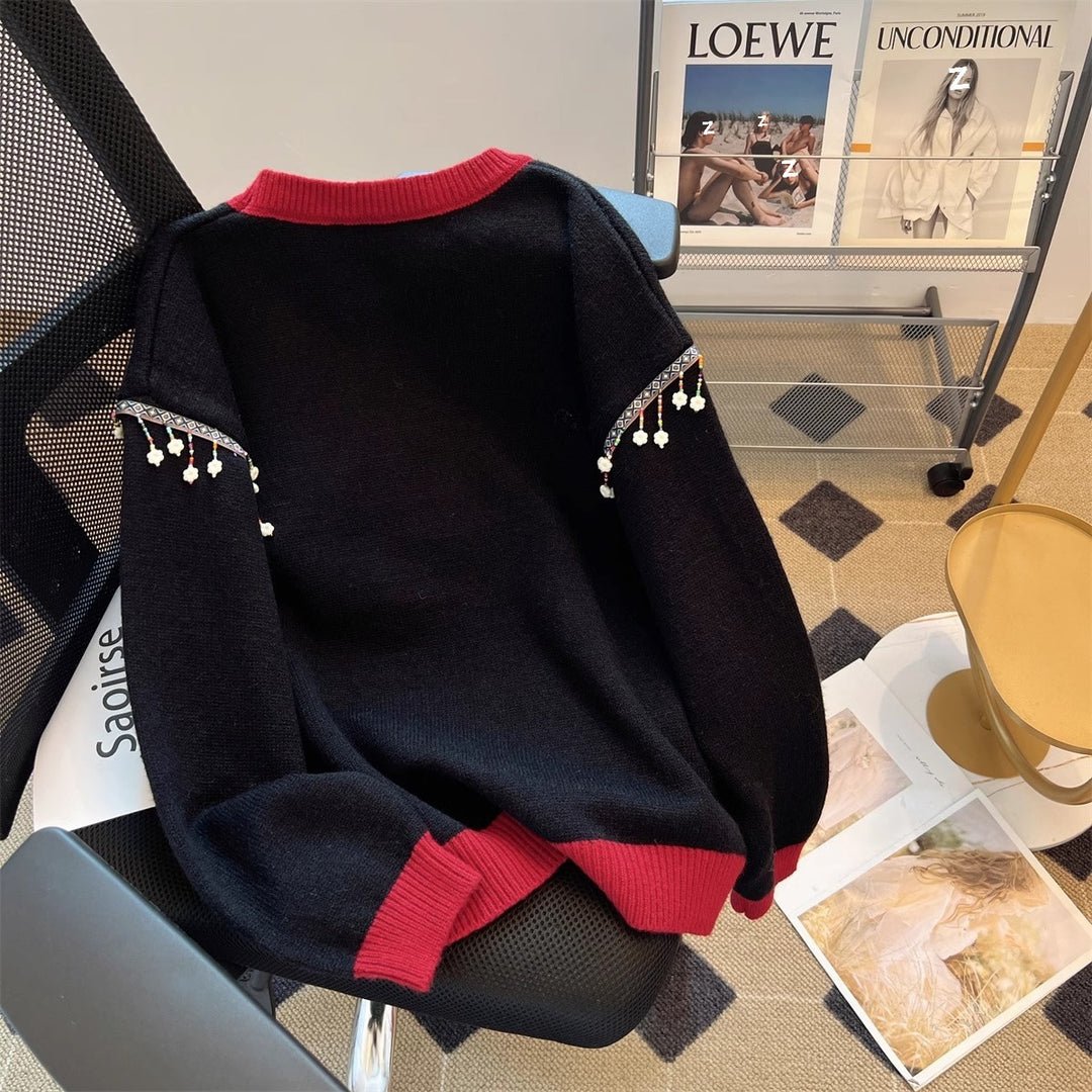 Damen festlicher Strickpullover mit Tannenbaum-Motiv und verspielten Akzenten Drune
