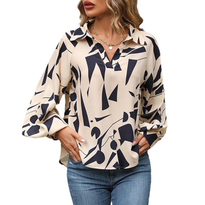 Damen Viskose-Bluse mit abstraktem Grafikprint, V-Ausschnitt & Ballonärmeln Drune