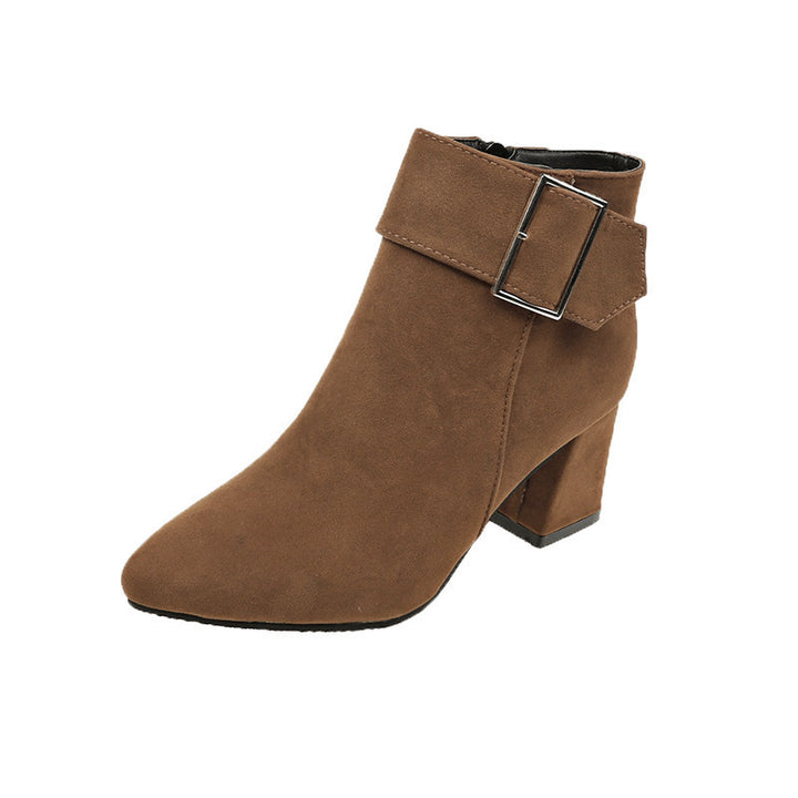 Damen nan elegante Wildlederoptik Stiefelette mit mittelhohem Blockabsatz und breitem Schnallenriemen Drune