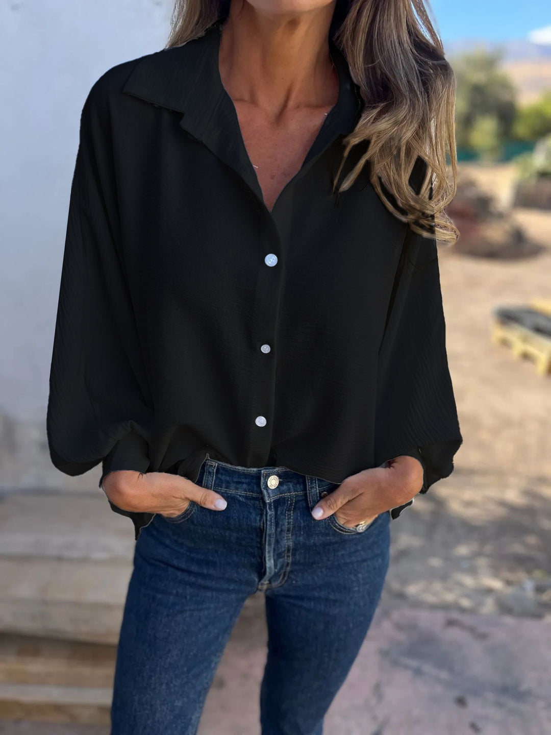 Damen Locker geschnittene Viskose-Hemdbluse mit Oversize-Schnitt und Ballonärmeln Drune