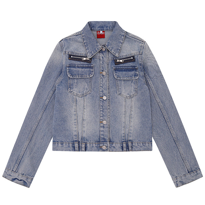 Damen kurze Vintage-Denimjacke mit Brusttaschen, Reißverschluss-Detail und Knopfleiste Drune