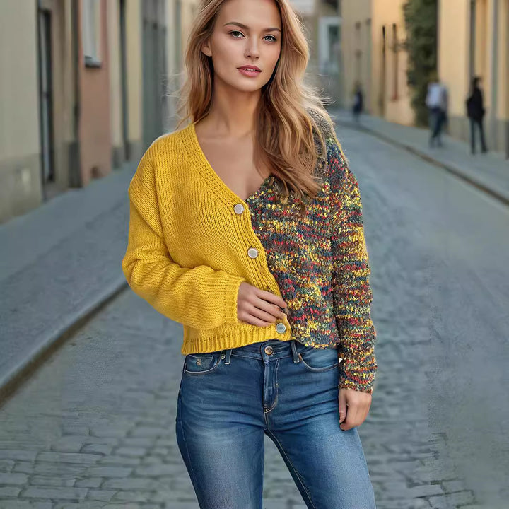 Damen modische Strickjacke mit langen Puffärmeln und buntem Akzent Drune