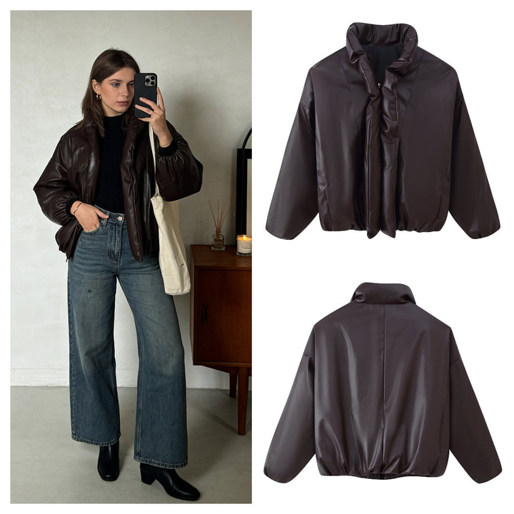 Damen modische cropped Jacke mit voluminösem Stehkragen Drune
