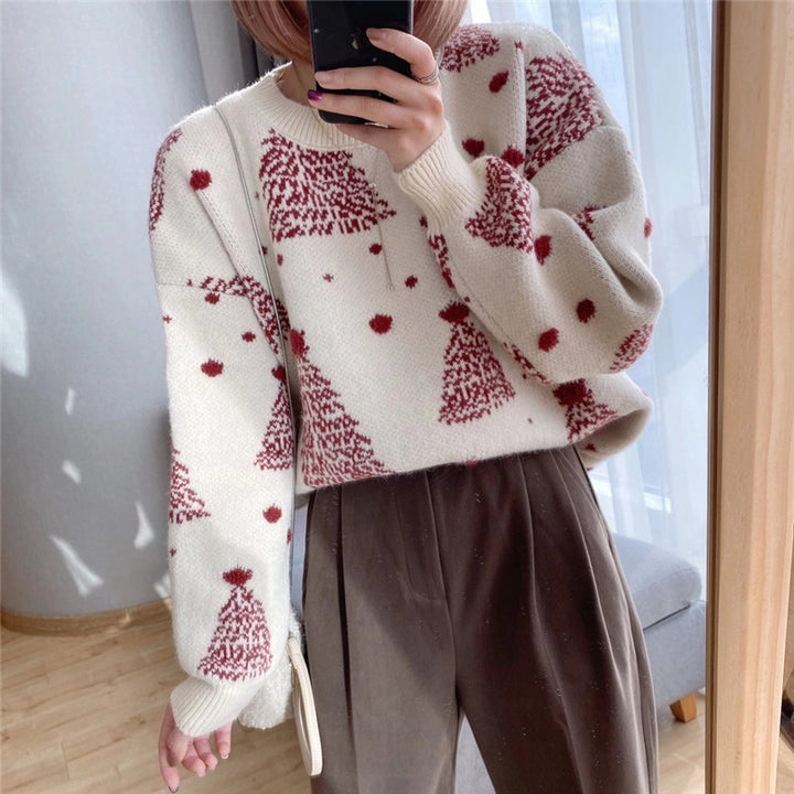Damen gemütlicher Pullover mit Weihnachtsbaum-Muster Drune