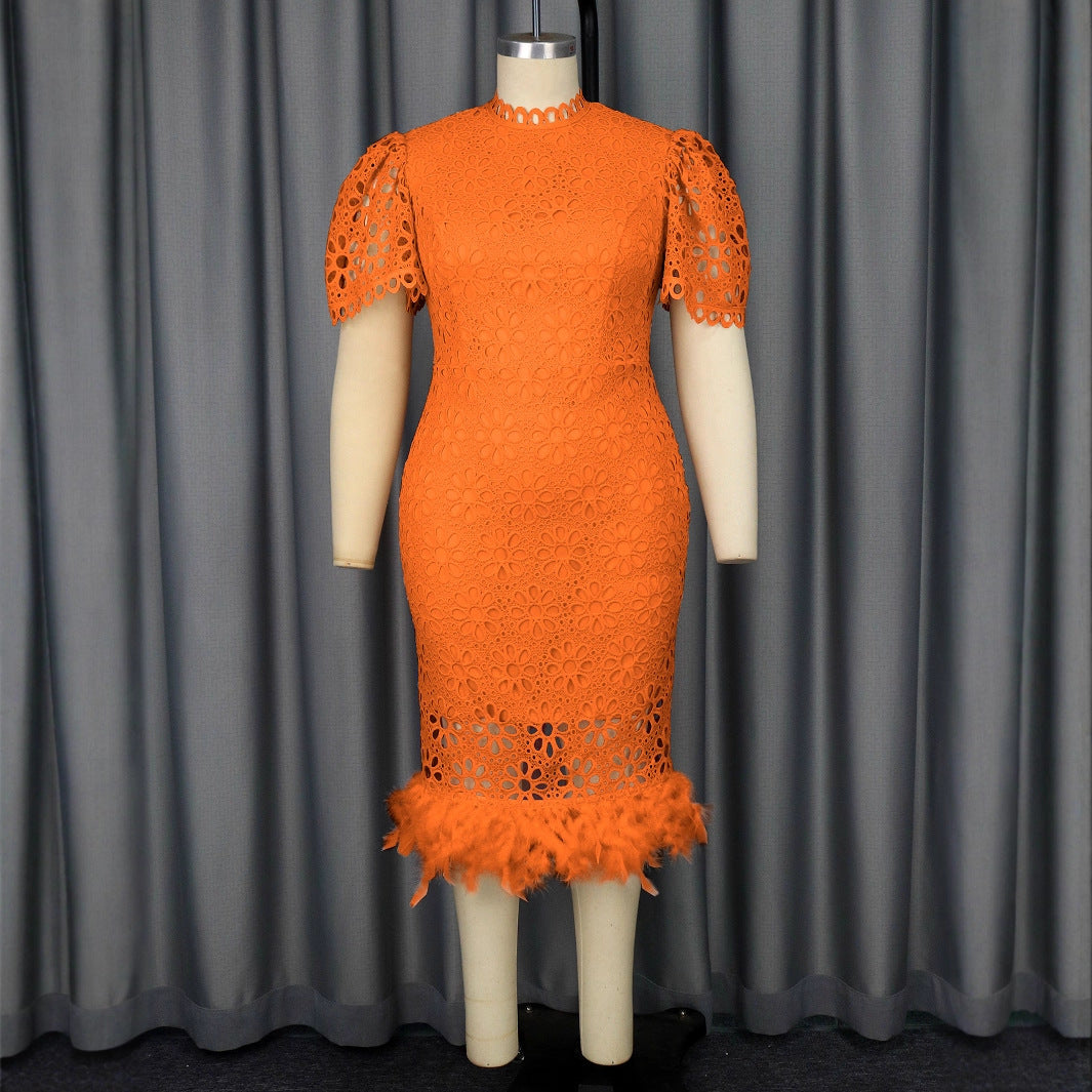 Damen Hochwertiges Spitzenkleid mit voluminösen Puffärmeln und fransigem Saum Drune