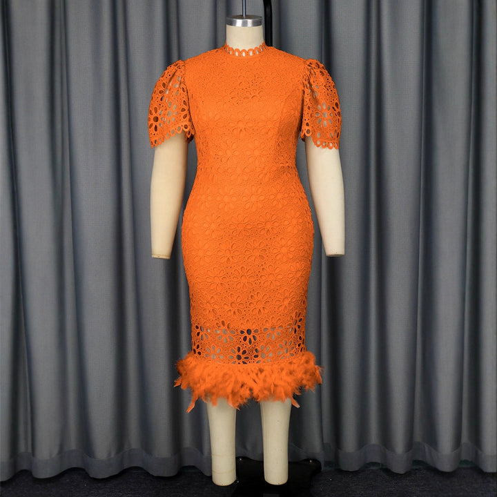 Damen Hochwertiges Spitzenkleid mit voluminösen Puffärmeln und fransigem Saum Drune