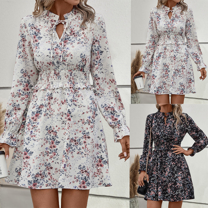 Damen blumiges Freizeitkleid mit raffinierten Rüschendetails und elastischem Taillenbund Drune