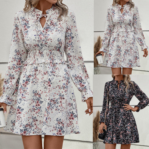 Damen blumiges Freizeitkleid mit raffinierten Rüschendetails und elastischem Taillenbund Drune