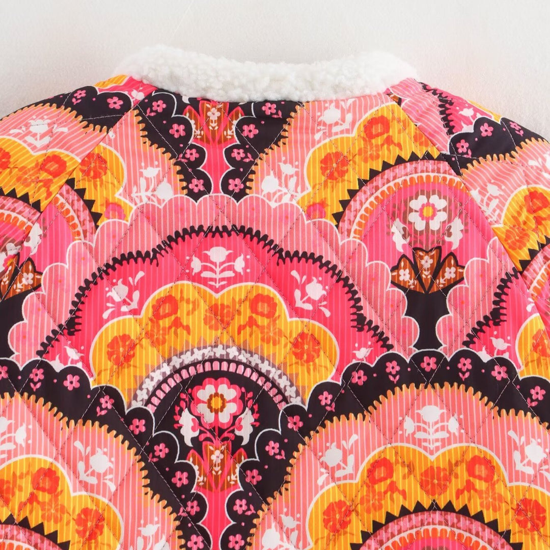 Damen gesteppte Jacke mit Teddyfutter und retro-inspiriertem Allover-Print Drune