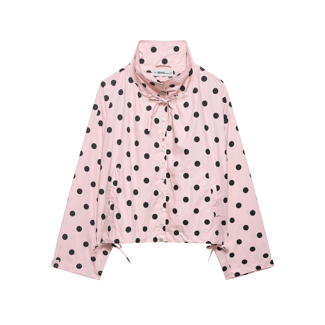 Damen Leichte Bluse im Polka‑Dot‑Design mit Stehkragen, Tunnelzugsaum und Knopfleiste Drune