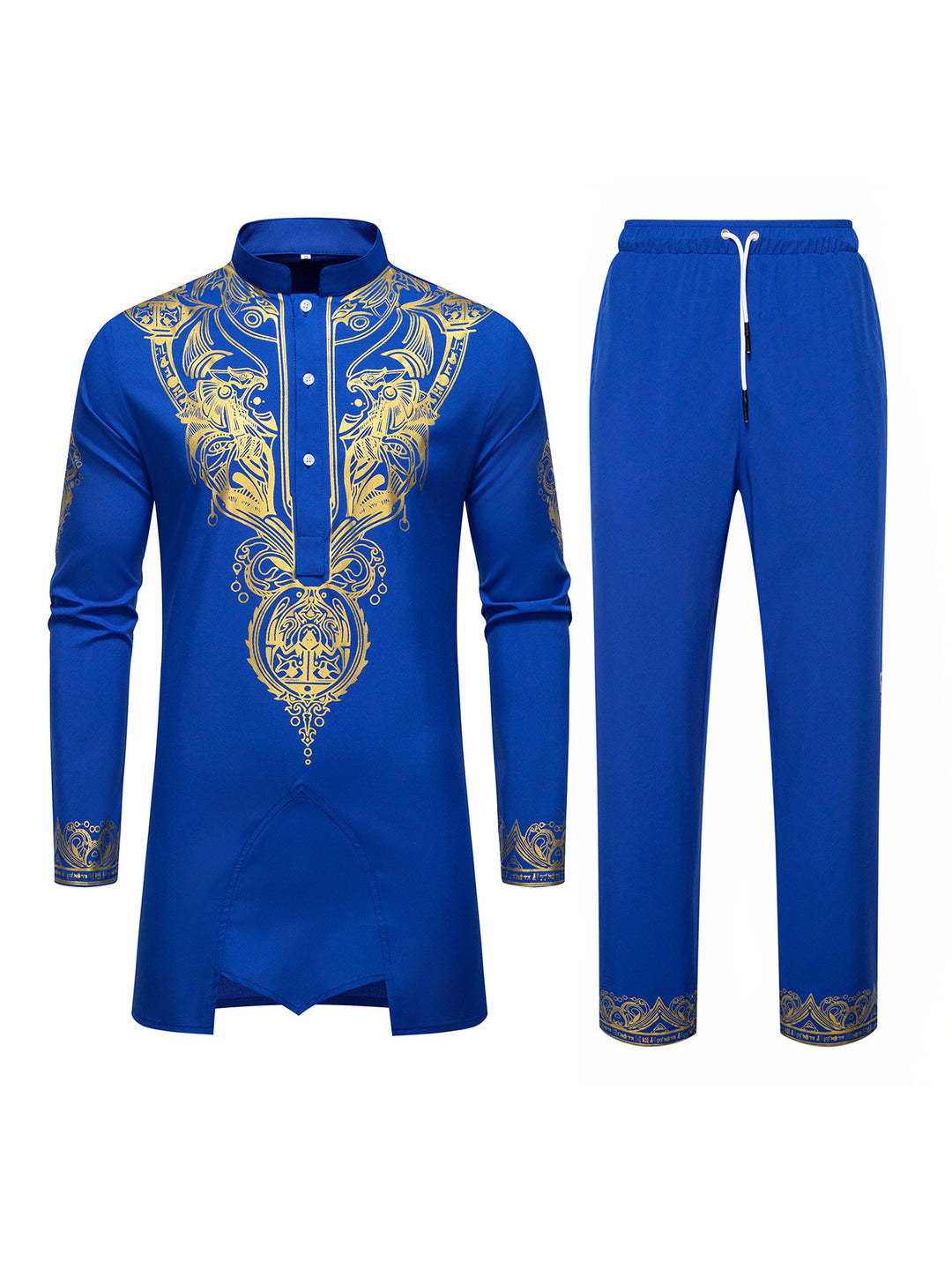 Herren Ornamentales Tunika-Set mit Stehkragen, Halbknopfleiste und goldverziertem Print Drune